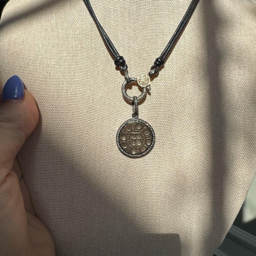 14k Gold, Sterling Silver, Natural Diamond, leather Chord Necklace - Picture 4 of 10